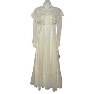 Vintage 70s Chiffon Maxi Wedding Dress Union Made Prom Ivory Lace Hi Neck Small